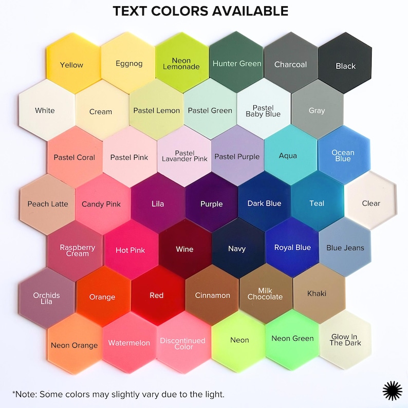 a variety of text colors available, including neon, lemonade, charcoal, black, cream, pastel green, baby blue, gray, white, pastel pink, pastel purple, aqua, ocean blue, teal, clear, peach, candy pink, lilla, purple, dark blue, teal, clear, raspberry cream, hot pink, wine, navy, royal blue, blue jeans, milk chocolate, kaki, cinnamon, chocolate, khaki, and neon orange, watermelon, cinnamon, neon green, neon orange, neon green, neon in the dark, and neon green.