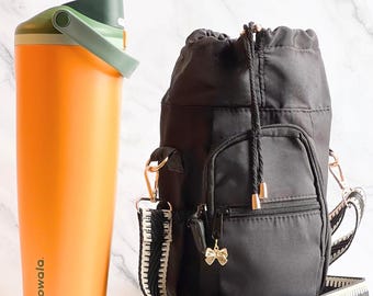 Canvas Tumbler Bag Carrier Crossbody Water Bottle Holder Travel Case Outdoor Use Drink Storage Pocket Design Crossbody Bag Adjustable Strap