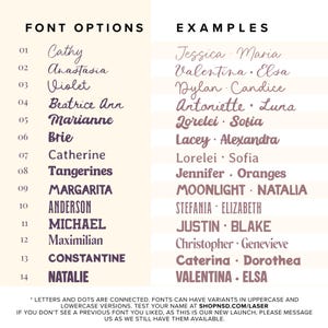 May include: A chart displaying fourteen numbered font options in black text on a light background, with corresponding name examples in a brownish-pink hue. The text includes headers FONT OPTIONS and EXAMPLES, plus a footer with website information.
