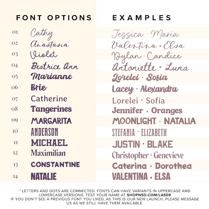 May include: A chart displaying fourteen numbered font options in black text on a light background, with corresponding name examples in a brownish-pink hue. The text includes headers FONT OPTIONS and EXAMPLES, plus a footer with website information.