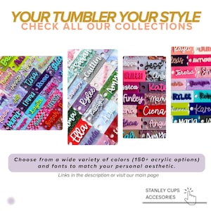 The image is a collage of various colorful and personalized name tags, each with different names written on them. The image also includes a text overlay that encourages the viewer to check all the available collections and choose from a wide variety of colors and fonts to match their personal aesthetic.