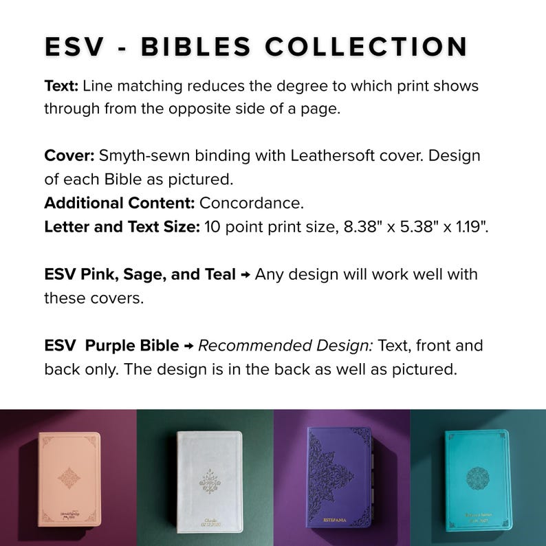 a collection of five different colored hardcover Bibles, each with a unique cover design and size.
