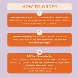 The image is a step-by-step guide on how to order items, including selecting a plate size, ordering multiple tags, and adding personalization.