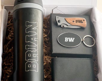 Personalized Men Gift Box Set Custom Tumbler Engraved Knife Pocket Leather Wallet Keychain Christmas Present for HusbandFather Grandfather