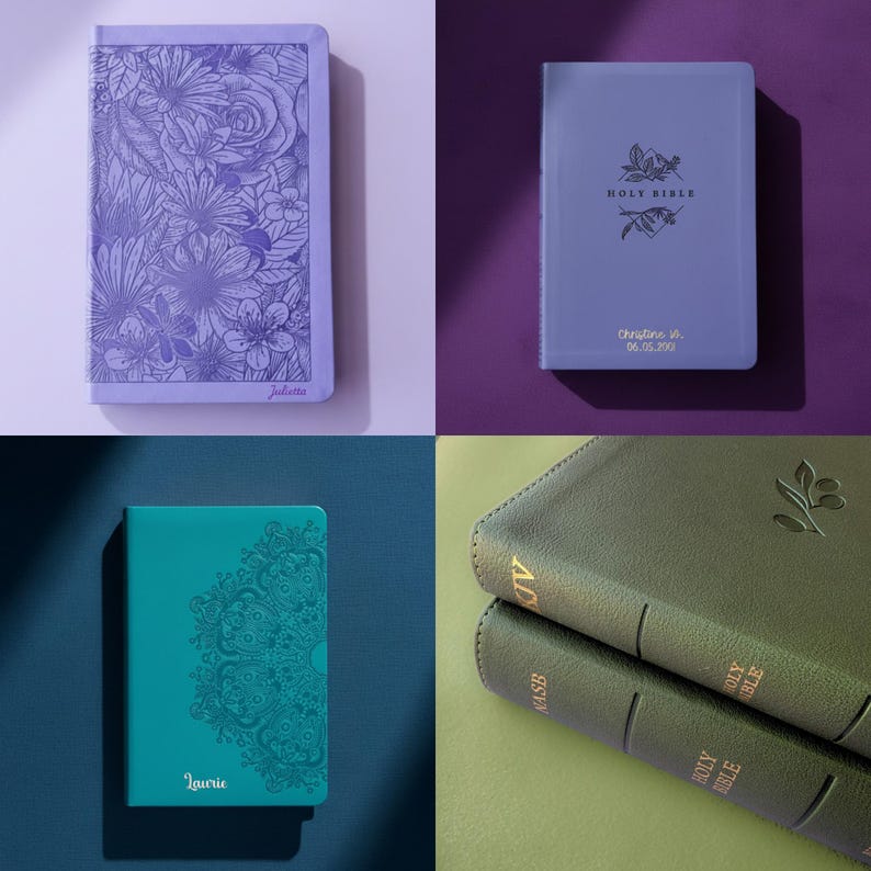 Blush leather bible with name on front cover gold foil embossed scrollwork detail thoughtful christmas present sister best friend faith based stocking stuffer Christian accessory imitation leather construction personalized name and date elegant keepsake NLT NIV ESV CSB NASB JKV Version Olive Bible, Purple, Teal, Light Purple