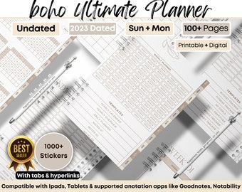 BOHO All in one DIGITAL Planner + Stickers Undated 2024 Goodnotes Productivity Planner Daily iPad Notability Life Planner Weekly Hyperlinked
