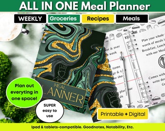 All in one meal planner weekly meals planner recipe lists grocery list meal journal meal planning digital planner health and fitness planner