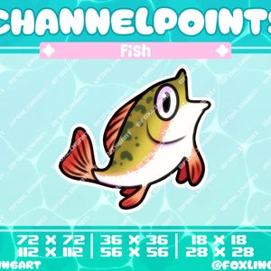 May include: A digital graphic featuring a cartoon fish with a white belly, yellow body with green spots, and red fins. The image includes the text "CHANNELPOINTS" and "Fish" in a pink box. Various size dimensions are listed below the fish.