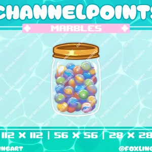 May include: A glass jar filled with colorful marbles. The jar has a gold lid and is sitting on a blue and white background. The text "CHANNELPOINTS MARBLES" is at the top of the image. The text "112 X 112 | 56 X 56 | 28 X 28" is at the bottom of the image.