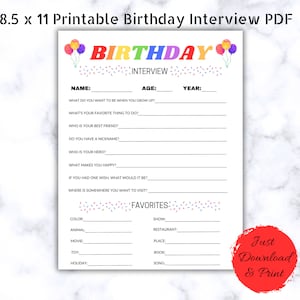 Birthday Interview Digital Download PDF, Printable Birthday Interview, Birthday Keepsake, Birthday Questionnaire