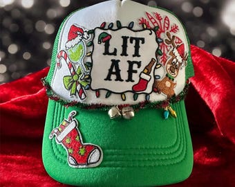 Lit AF Ugly Christmas Hat (as pictured), Christmas Outfit, Christmas Hat, Christmas Trucker Hat, Christmas Patch Hat, Seasonal Outfit