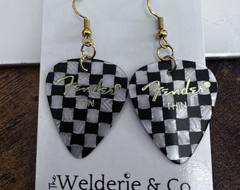 Black/White Checkered Guitar Pick Earrings, Nickle Earrings, Earrings for Her, Music Lover Earrings, Country Outfit, Gift for Mom