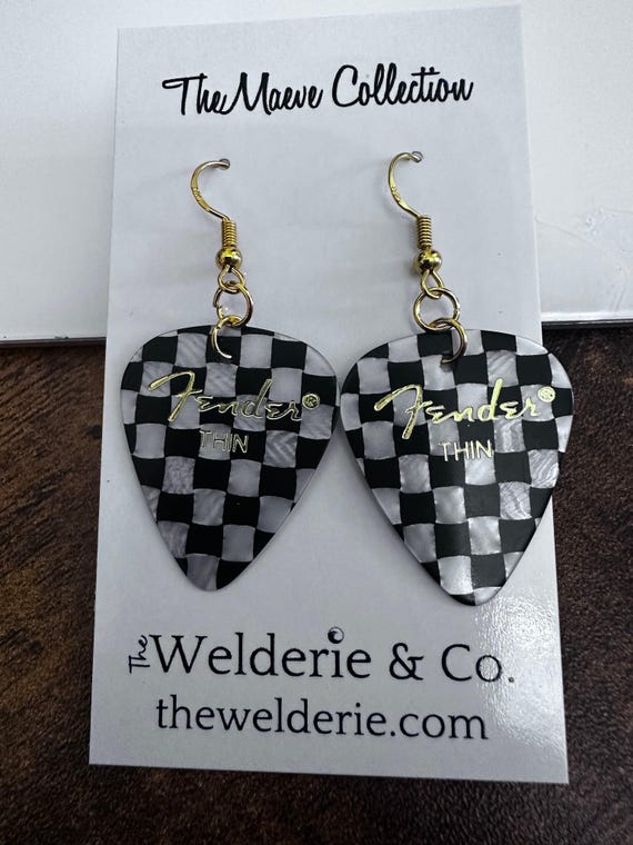 Black/White Checkered Guitar Pick Earrings, Nickle Earrings, Earrings for Her, Music Lover Earrings, Country Outfit, Gift for Mom