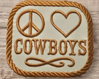Peace Love Cowboys Embroidered Hat Patch, Patch for Trucker Hat, Cowgirl Aesthetic Patch, Western-Themed, Heat Activated Adhesive Patch