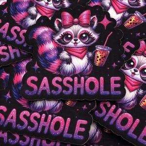 May include: A collection of black stickers featuring a cartoon raccoon with a pink bow, scarf, and a boba drink. The stickers have the word "Sasshole" in pink and purple bubble letters.