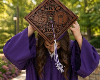 Custom Engraved Grad Cap Topper, Laser Cut Raw Vegan Leather, Graduation Cap, Cap and Gown Accessory, Custom Graduation Gift