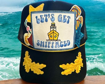Let's Get Shipped Trucker Hat with Brim Design and Multiple Patches, Cruise Ship Life, Gift for Cruise, Cruise Hat, Beach Living