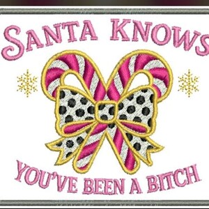 May include: Embroidered patch with the text "SANTA KNOWS YOU'VE BEEN A BITCH". The design features pink and white candy canes, a black and white polka dot bow, and gold snowflakes. The patch is framed with a gray border.