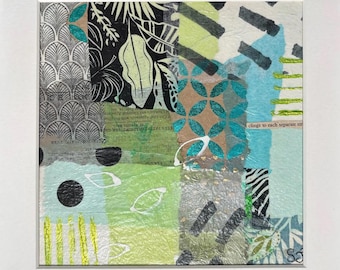 May include: Square mixed media artwork with a collage of patterned papers. The artwork features a variety of textures and patterns, including floral, geometric, and abstract designs in green, blue, black, and silver. The text "clings to each separate str" is visible.