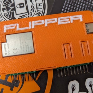 May include: An orange plastic device with the word "FLIPPER" printed in white on the front. The device has a small metal chip on the front and a row of pins on the bottom.
