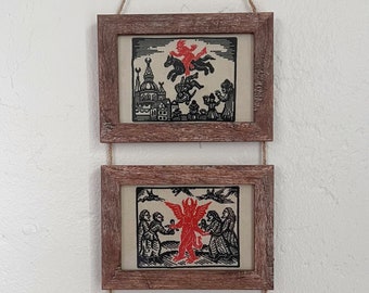 Demon Dance Woodcut Series Framed Cross Stitch