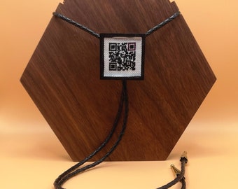 Tego Calderon QR Code Cross Stitch Bolo Tie