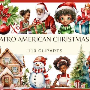 NOL AFRO-AMÉRICAIN - 110 images clipart (300 dpi, cheminée de maison avec décoration d'arbre de Noël, cadeau de l'atelier du père Noël, hiver, png)