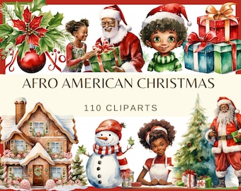 May include: Watercolor illustration with the text "AFRO AMERICAN CHRISTMAS" and "110 CLIPARTS". The image features Santa Claus, children, gifts, a snowman, a gingerbread house, and Christmas decorations.