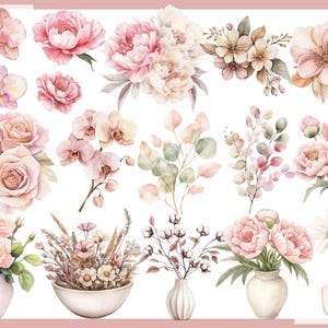 以下が含まれることがあります： ピンクの牡丹、バラ、蘭、その他の花を描いた水彩画のイラスト。一部の花は花瓶にアレンジされています。カラーパレットには、ピンク、ピーチ、白の色合いが含まれており、緑の葉がアクセントになっています。全体的なテーマは繊細でロマンチックです。