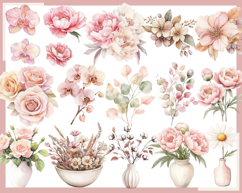 以下が含まれることがあります： ピンクの牡丹、バラ、蘭、その他の花を描いた水彩画のイラスト。一部の花は花瓶にアレンジされています。カラーパレットには、ピンク、ピーチ、白の色合いが含まれており、緑の葉がアクセントになっています。全体的なテーマは繊細でロマンチックです。