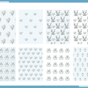 May include: A set of eight digital paper patterns featuring cute elephants, hearts, and hot air balloons on a light blue background. The patterns are perfect for scrapbooking, card making, and other craft projects.