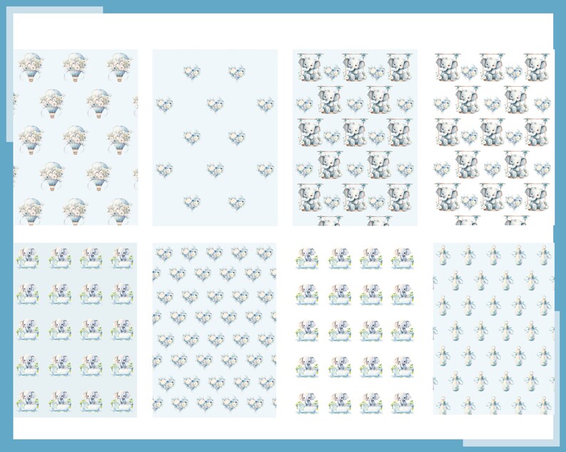 May include: A set of eight digital paper patterns featuring cute elephants, hearts, and hot air balloons on a light blue background. The patterns are perfect for scrapbooking, card making, and other craft projects.