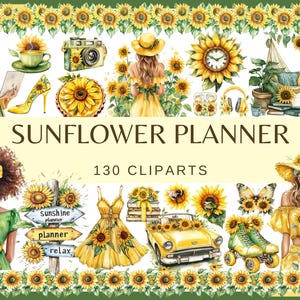 AGENDA TOURNESOL - 130 cliparts aquarelle (png, 300 dpi, illustration de mode, agenda jaune et vert, princesse Fashionista Chic Girl)
