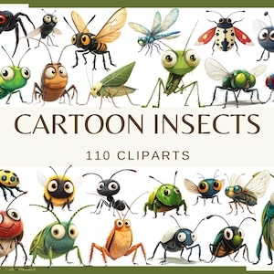 INSECTOS DE DIBUJOS ANIMADOS - 100 imágenes prediseñadas (300 dpi, mantis religiosa, saltamontes, escarabajo, polilla, mariposa, libélula, mosca, araña, insecto, png)