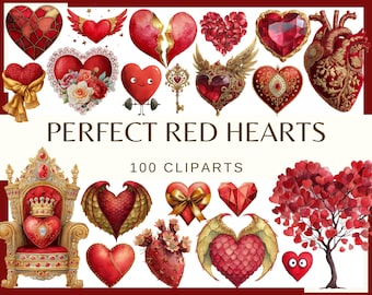 May include: A collection of red heart cliparts with various designs, including winged hearts, jeweled hearts, and hearts with floral accents. The text "PERFECT RED HEARTS" and "100 CLIPARTS" are displayed.