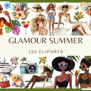 ÉTÉ GLAMOUR - 150 images clipart (300 dpi, floral, nature, jardin, mode, vacances femme, fille avec une fleur, dame à la plage, fille de luxe, png)