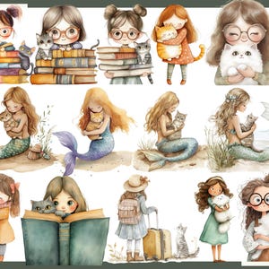 May include: Watercolor illustrations featuring girls with cats, mermaids with cats, and girls with books. The girls are wearing glasses and holding cats. The mermaids are on a beach. The illustrations are in soft pastel colors.