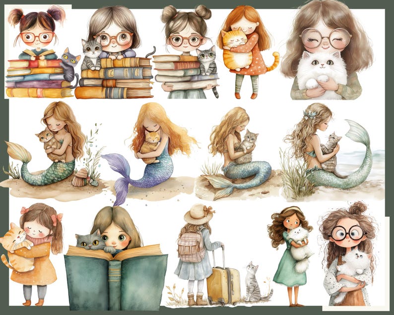 May include: Watercolor illustrations featuring girls with cats, mermaids with cats, and girls with books. The girls are wearing glasses and holding cats. The mermaids are on a beach. The illustrations are in soft pastel colors.