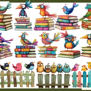 May include: Colorful illustration of birds perched on stacks of books. The birds are various colors, including blue, green, red, yellow, and orange. The books are also colorful and have different patterns. The image is a whimsical and fun depiction of birds and books.