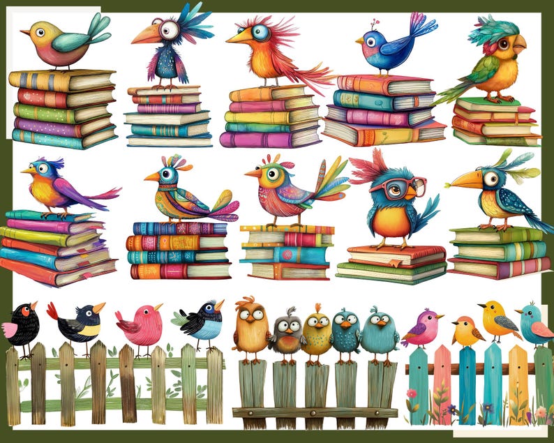 May include: Colorful illustration of birds perched on stacks of books. The birds are various colors, including blue, green, red, yellow, and orange. The books are also colorful and have different patterns. The image is a whimsical and fun depiction of birds and books.