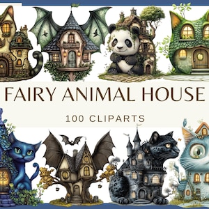 FAIRY ANIMAL HOUSE - 100 watercolor clip arts (fantasy animal home, 300 dpi Nursery Decor png fantasy tiger bat butterfly spider cat lizard)