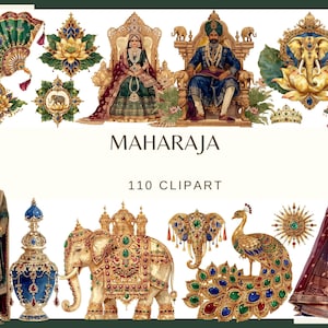 Może przedstawiać: Kolekcja cyfrowych grafik clipart z tekstem MAHARAJA 110 CLIPART. Obrazy przedstawiają ozdobne postacie w tradycyjnych strojach, słonie ozdobione klejnotami, pawia, kwiat lotosu, wachlarz oraz ozdobny flakon na perfumy.
