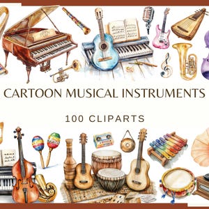 INSTRUMENTO MUSICAL DE DIBUJOS ANIMADOS - 100 imágenes prediseñadas de acuarela (Png, 300 dpi, uso comercial, guitarra, violín, piano, batería, gramófono, clave de sol)