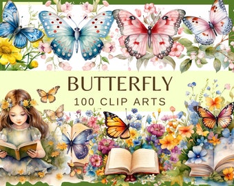 PAPILLONS - 100 images clipart (300 dpi, bijou papillon, fleur, paquet, aquarelle, vitrail papillon, floral, insecte, png)