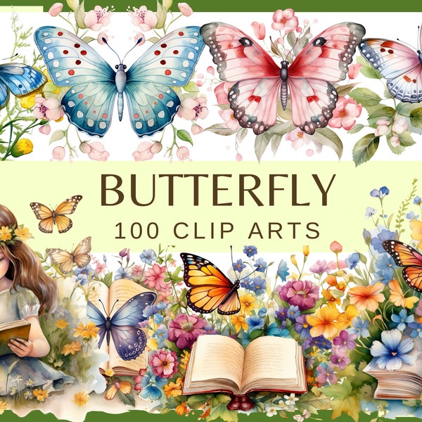 BUTTERFLIES - 100 clip arts (300 dpi, gem butterfly, flower, bundle, watercolor, butterfly stained glass, floral, insect, png)