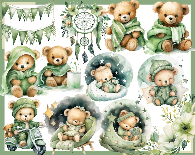 Green Teddy Bear Watercolor Clipart: 100 PNG Nursery Graphics ...
