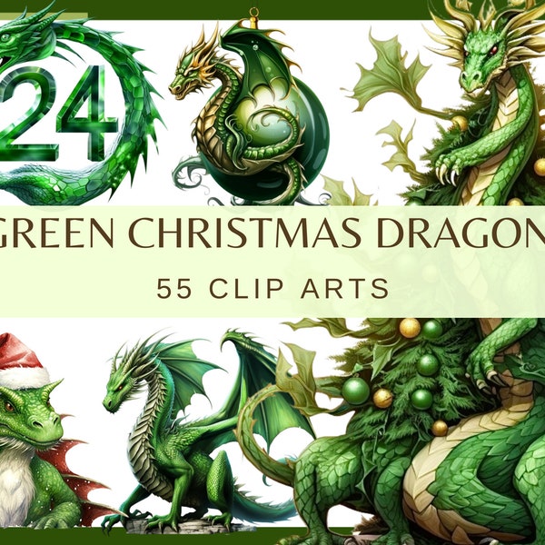 CHRISTMAS GREEN DRAGONS - 55 clip arts (300 dpi Christmas, Transparent background, commercial use, bundle, digital, png, 2023, 2024)