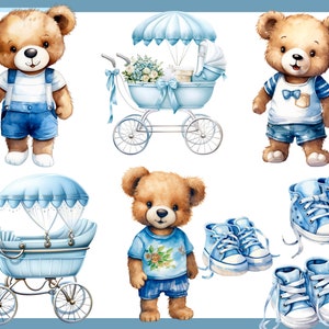 BLUE TEDDY BEAR. Baby shower for a boy, Nursery Decor 100 watercolor clip arts Transparent background, 300 dpi, commercial use png image 3