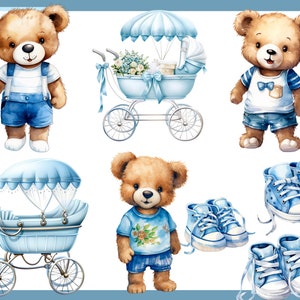 OURSON BLEU. Fête prénatale pour un garçon, décoration de chambre d'enfant 100 cliparts aquarelles arrière-plan transparent, 300 dpi, usage commercial png image 3