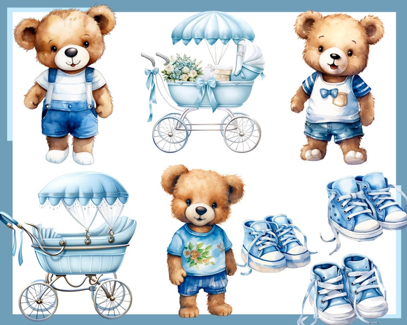 BLUE TEDDY BEAR. Baby shower for a boy, Nursery Decor 100 watercolor clip arts Transparent background, 300 dpi, commercial use png image 3